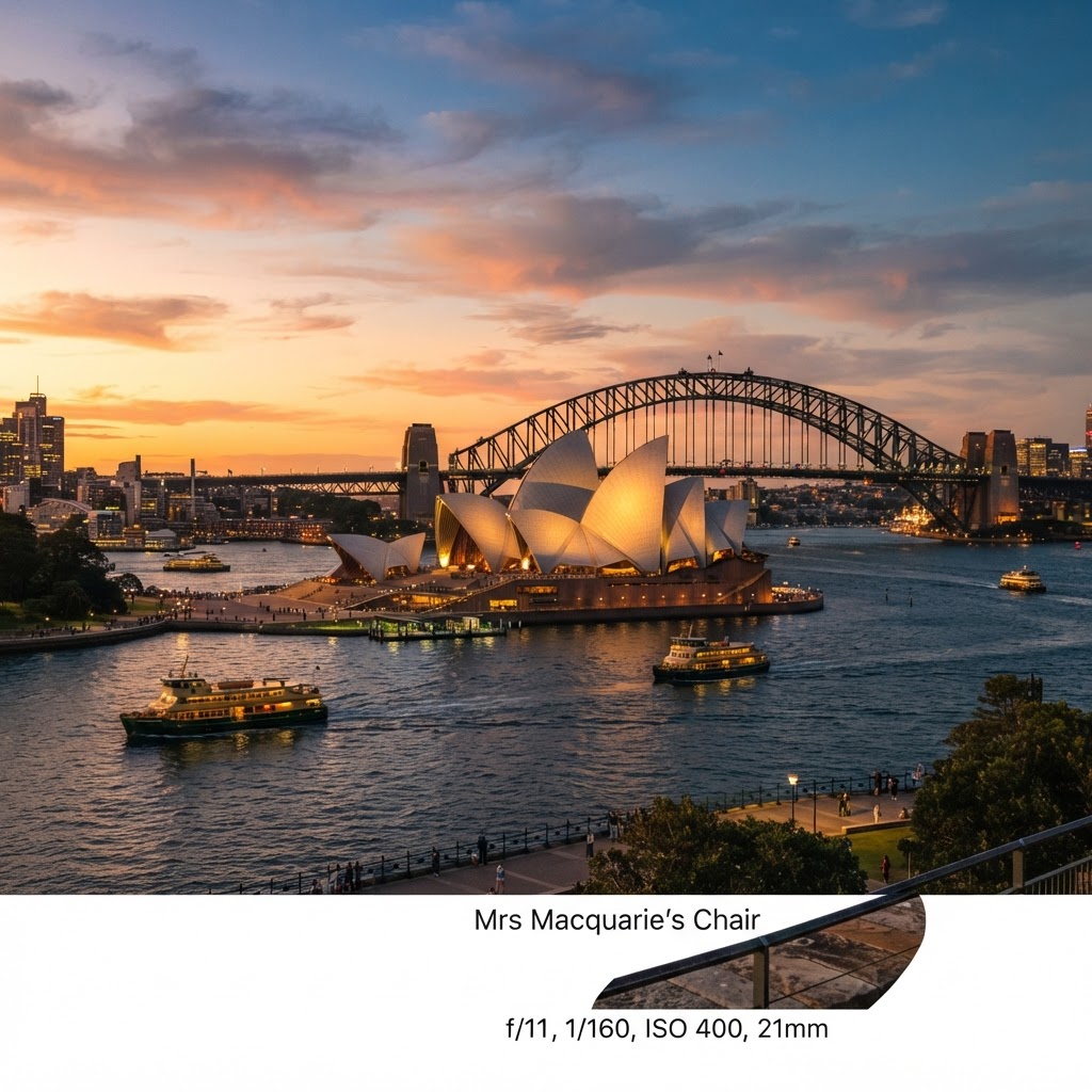 Sydney Opera House at sunset with the Harbour Bridge behind, harbour ferries on the water
