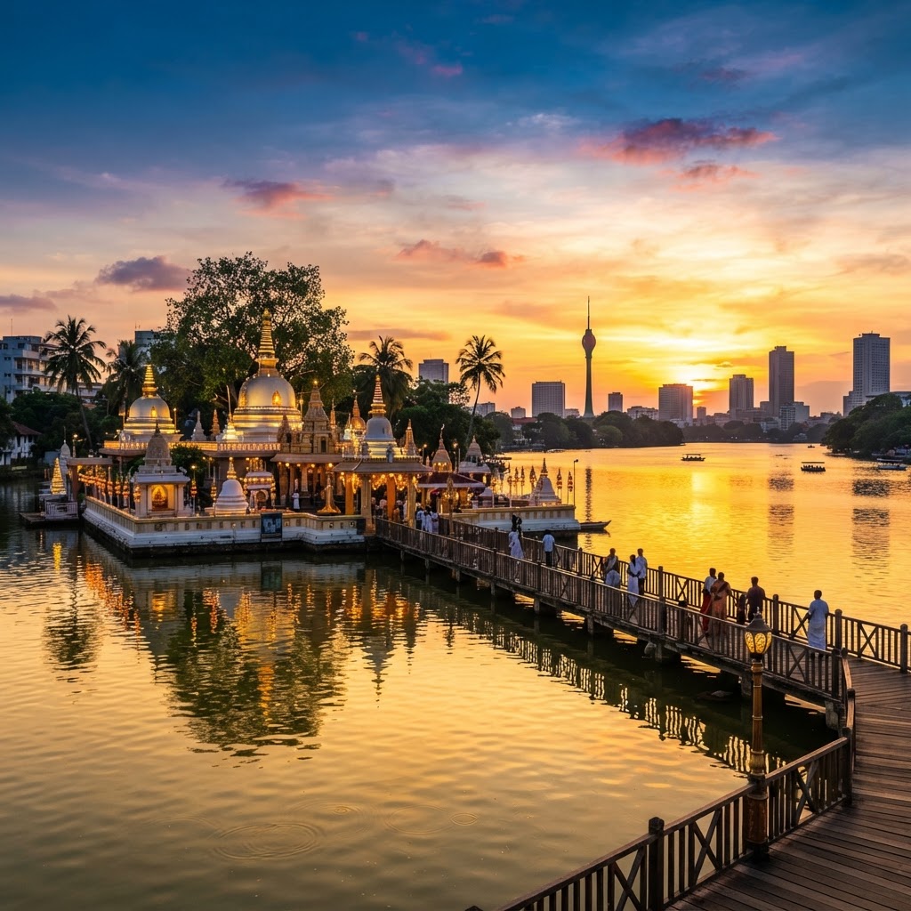 Gangaramaya Buddhist temple and Beira Lake in Colombo at sunset