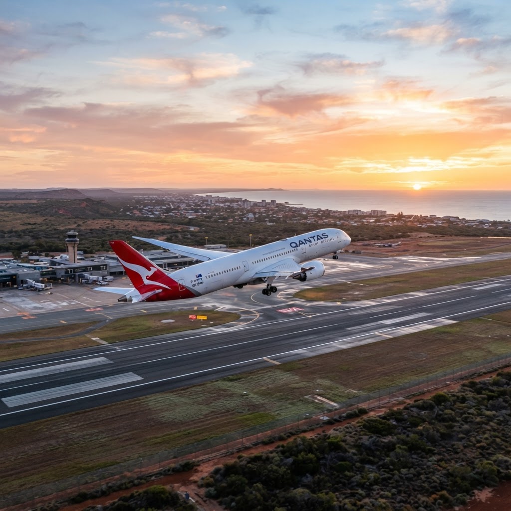 A Qantas Boeing 787 Dreamliner taking off from Perth Airport runway at dawn with the Western Australian outback in the distance