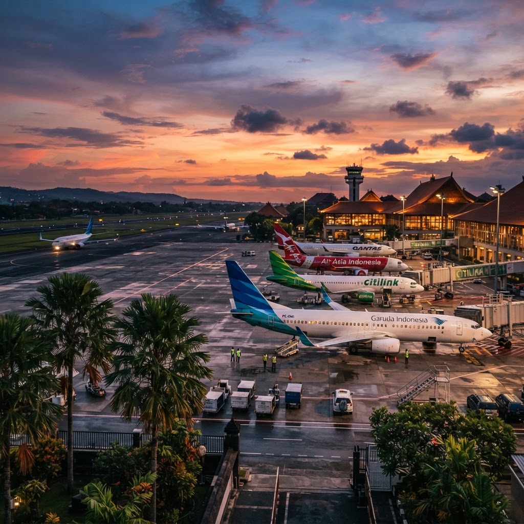 Passenger jets on the apron at Bali Denpasar Airport at dusk