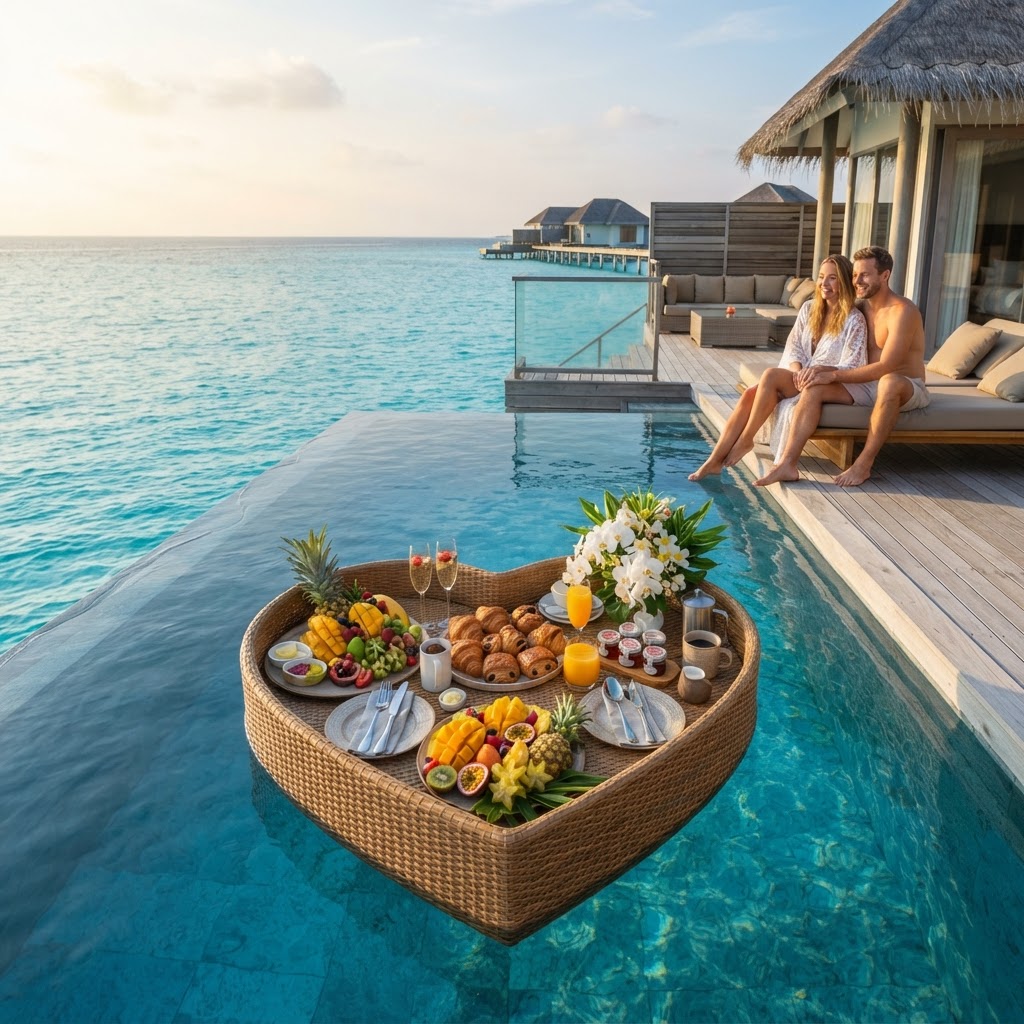 Floating breakfast in a Maldives overwater villa pool on a honeymoon