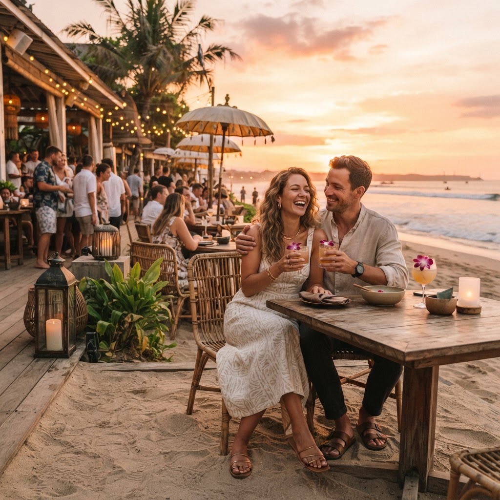 Couple in light evening wear at a Seminyak Bali beachfront restaurant at sunset