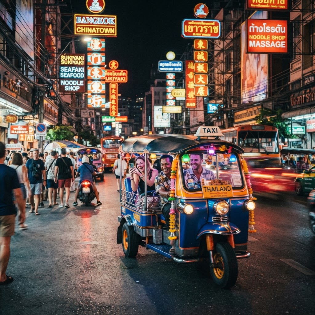 Colorful tuk tuk taxi on a Bangkok street at night