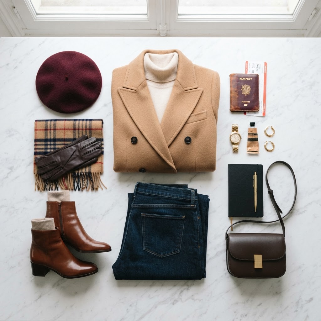 Flat lay of a Paris December day outfit with camel wool coat, cashmere sweater and leather ankle boots