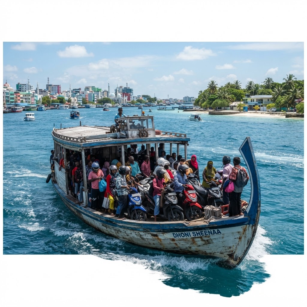Maldivian ferry shuttle loaded with passengers and scooters crossing the channel