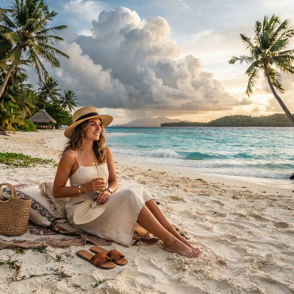 Stylish woman in light tropical outfit — linen sundress, straw hat, sandals — relaxing on a Fiji beach in December with turquoise water, palm trees and dramatic tropical clouds