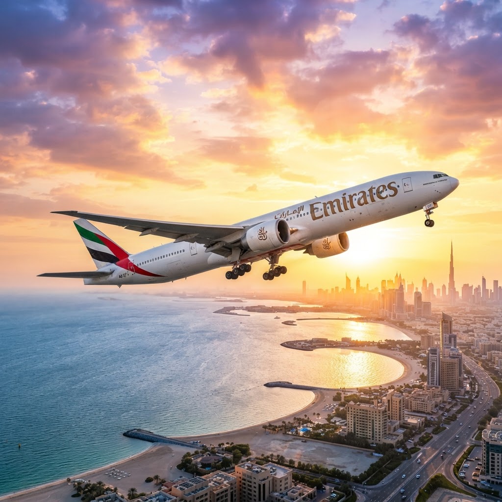 A modern Emirates Boeing 777 airliner taking off at sunrise over a coastline with golden morning light, photorealistic aviation photography, cinematic wide shot