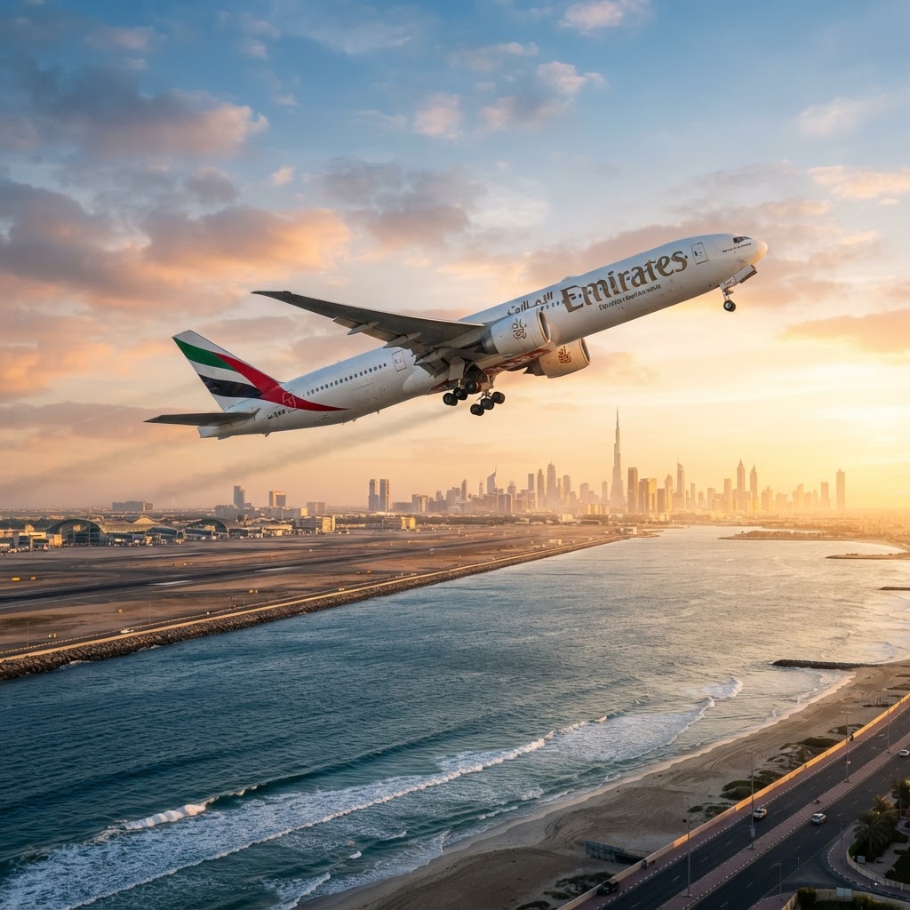 A modern Emirates Boeing 777 airliner taking off at sunrise over a coastline with golden morning light, photorealistic aviation photography, cinematic wide shot