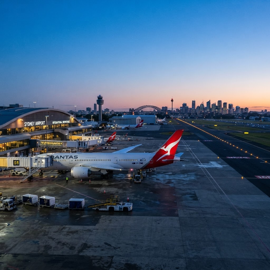 Qantas Boeing 787 Dreamliner at the gate at Sydney Kingsford Smith Airport at dawn