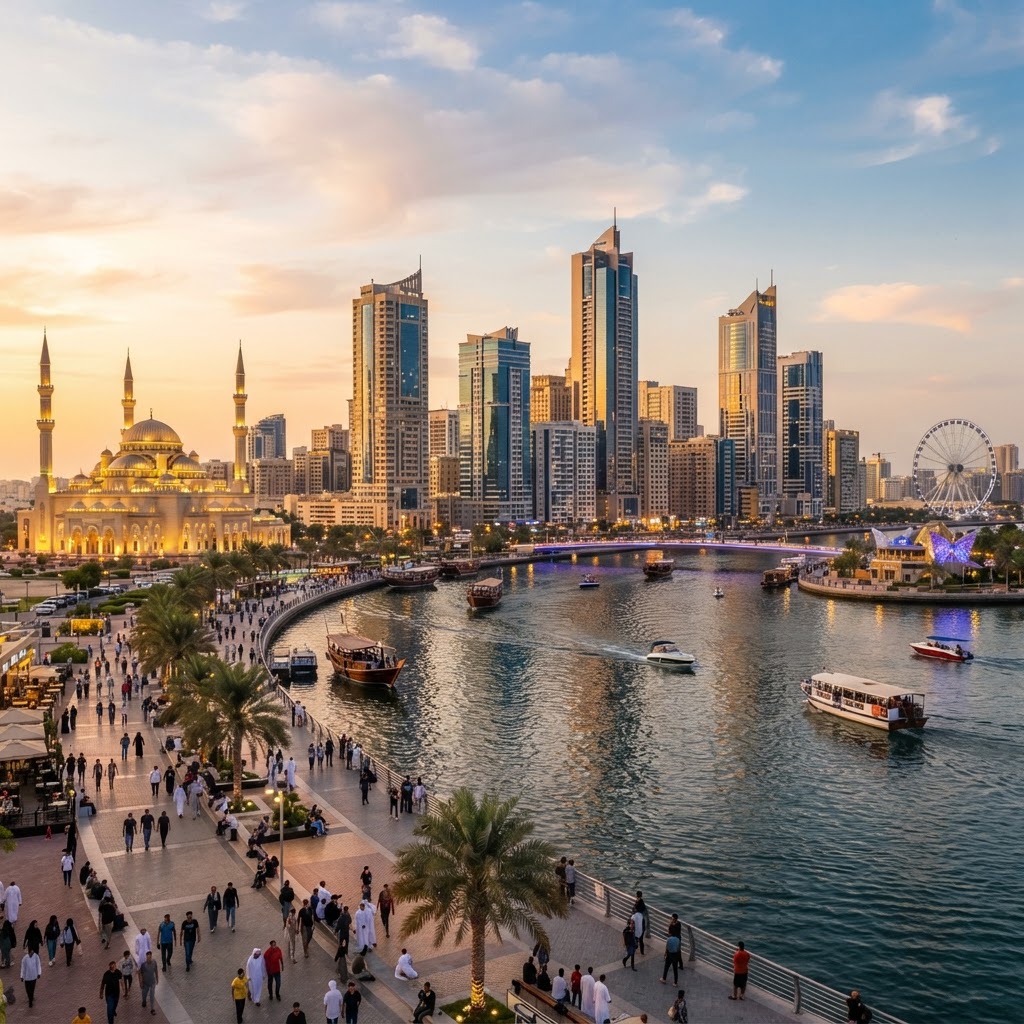 Sharjah UAE skyline at golden hour with modern towers and the Khalid Lagoon