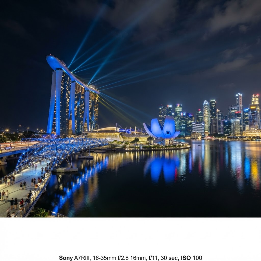 Marina Bay Sands and the Singapore skyline at night with the light show reflected in Marina Bay