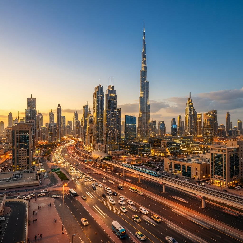 Dubai skyline at golden hour with Burj Khalifa and Sheikh Zayed Road