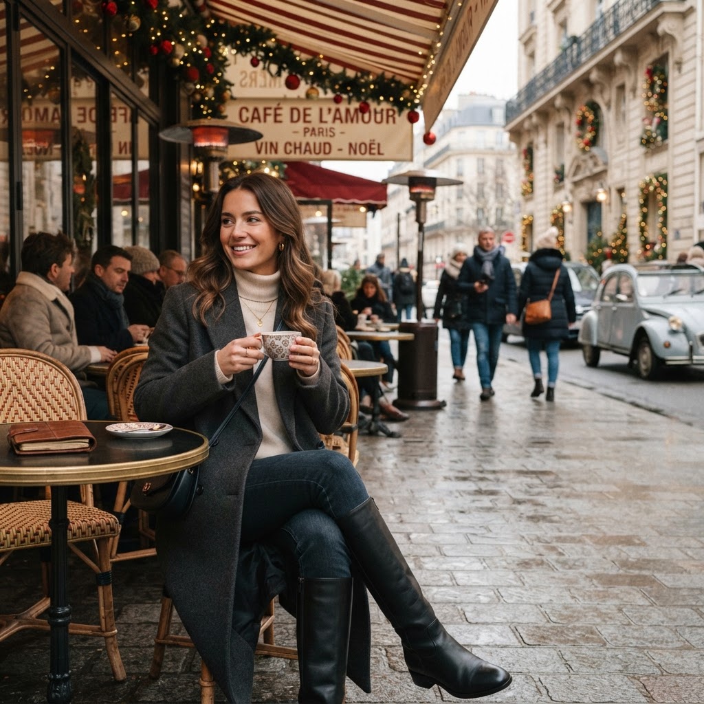 Stylish woman in chic winter outfit sitting at a Paris café terrace with holiday decorations in December
