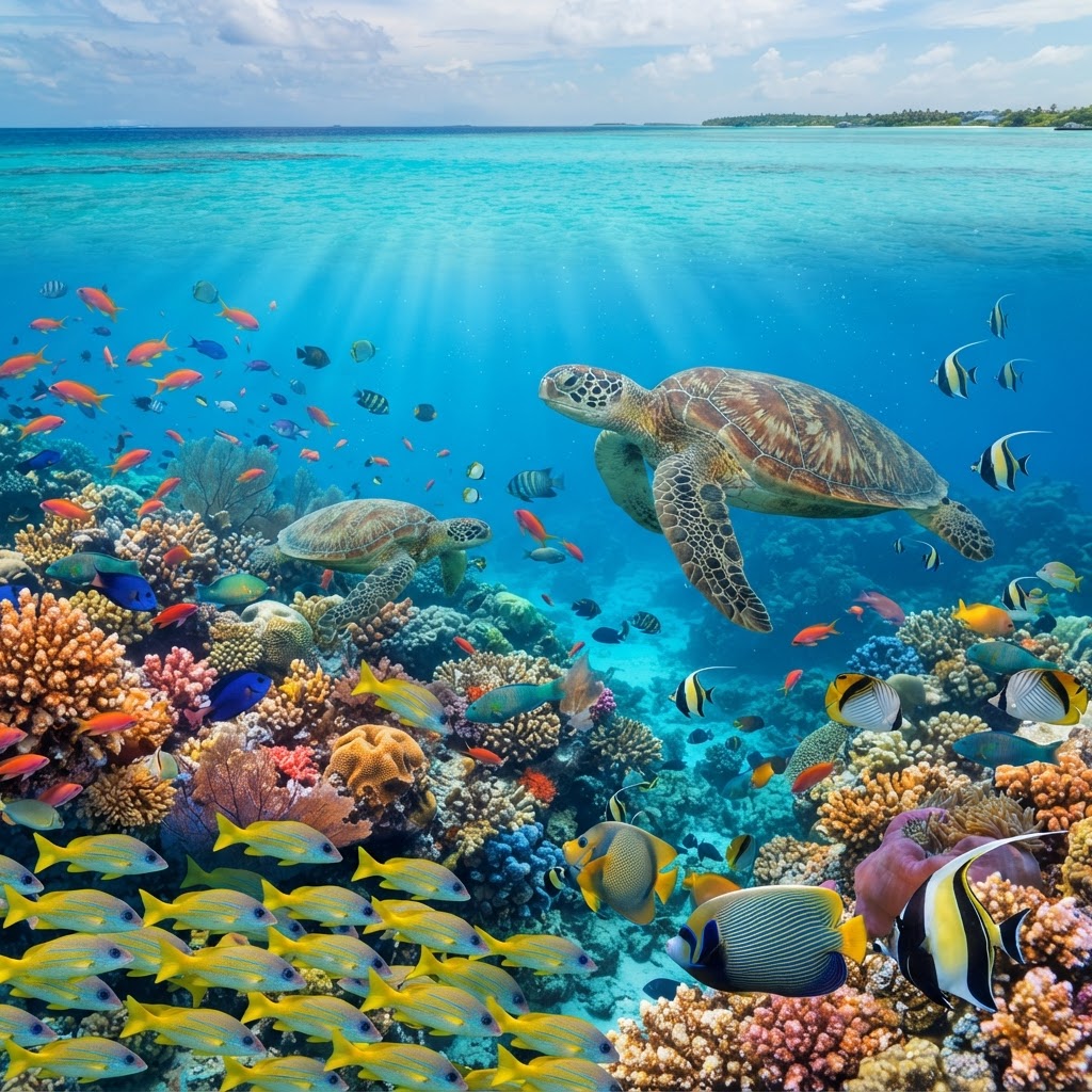 Maldives underwater coral reef with tropical fish near Male