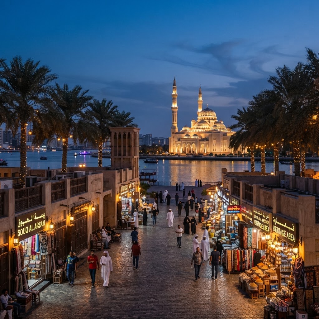Sharjah heritage area old souq and Al Noor mosque with palm trees at dusk