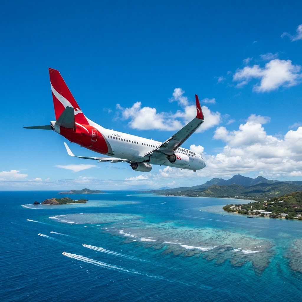 Qantas Boeing 737-800 banking against a blue sky on approach to Nadi, Fiji