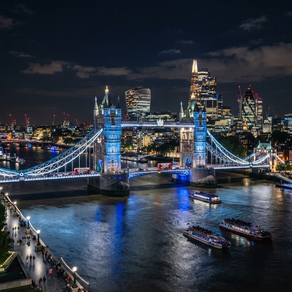 Tower Bridge in London at night lit up with blue and white lights, reflected in the Thames, with the Shard and the City of London skyline in the background