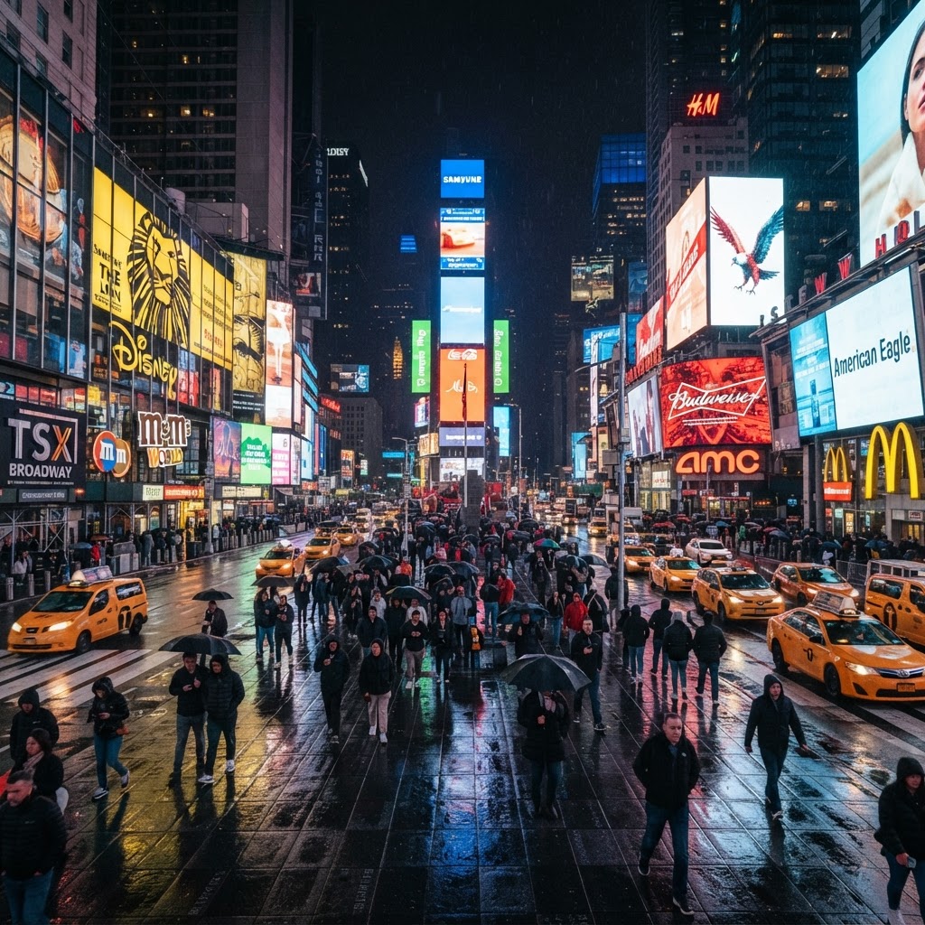 Times Square at night in New York City with towering neon billboards, giant LED advertisement screens, yellow cabs and crowds of people and colourful reflections on wet pavement