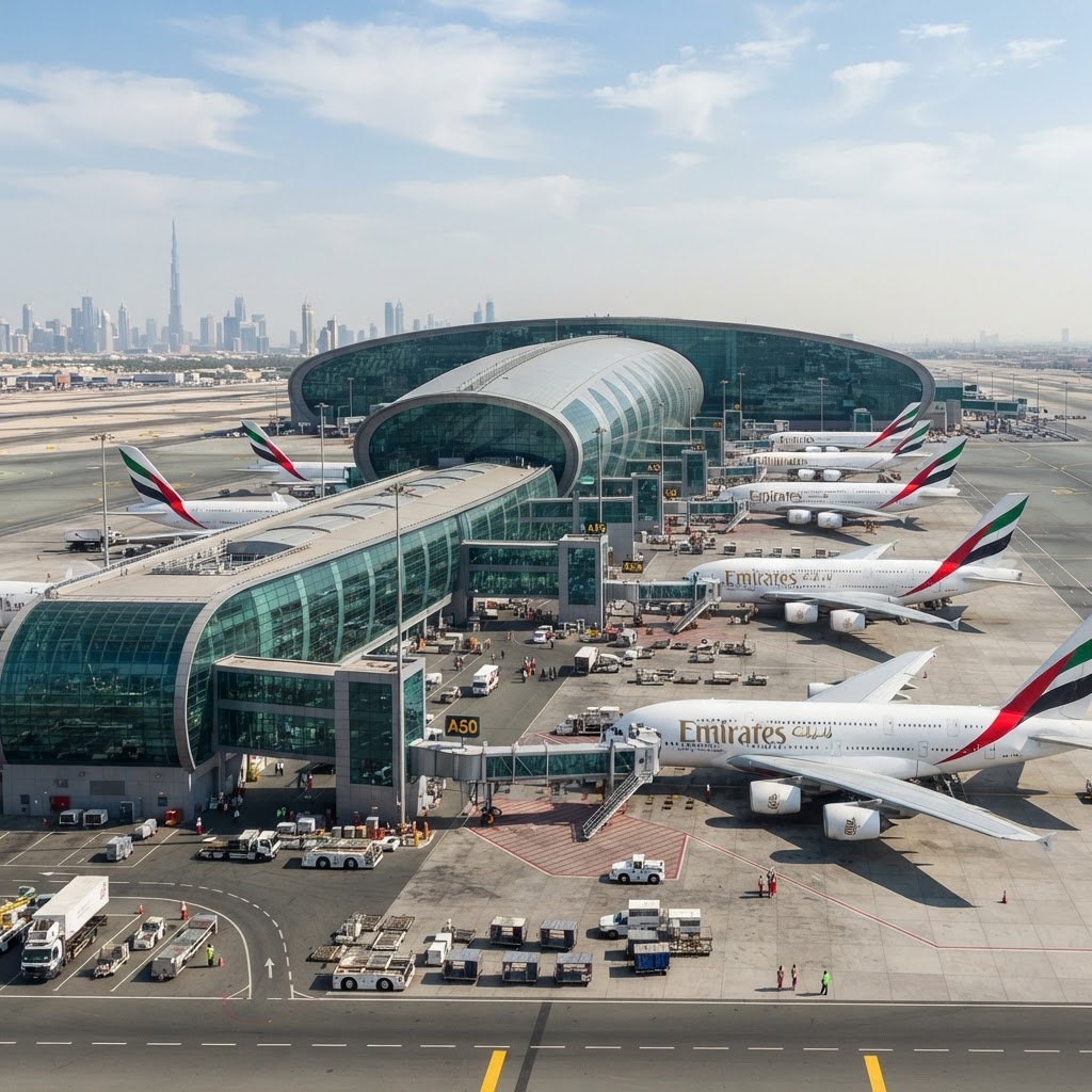 Dubai International Airport Terminal 3 Emirates concourse with A380 aircraft at gates
