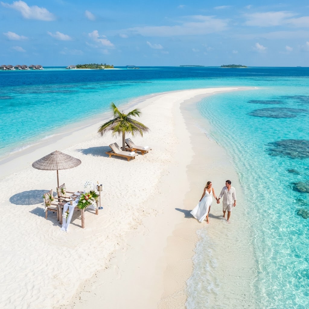 Aerial view of a Maldives private sandbank picnic for honeymooners