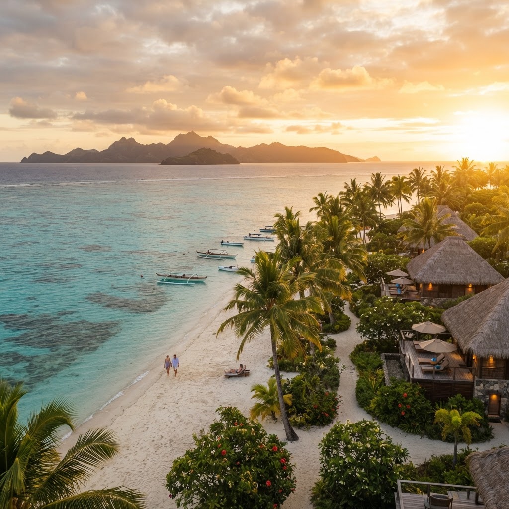 Fiji Coral Coast at golden hour with a beachfront resort, palm trees and turquoise lagoon
