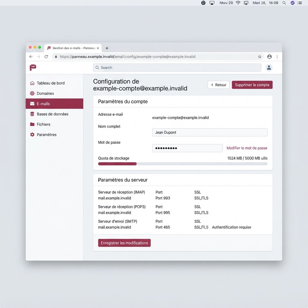 Illustration anonymisée de la configuration d’une adresse e-mail