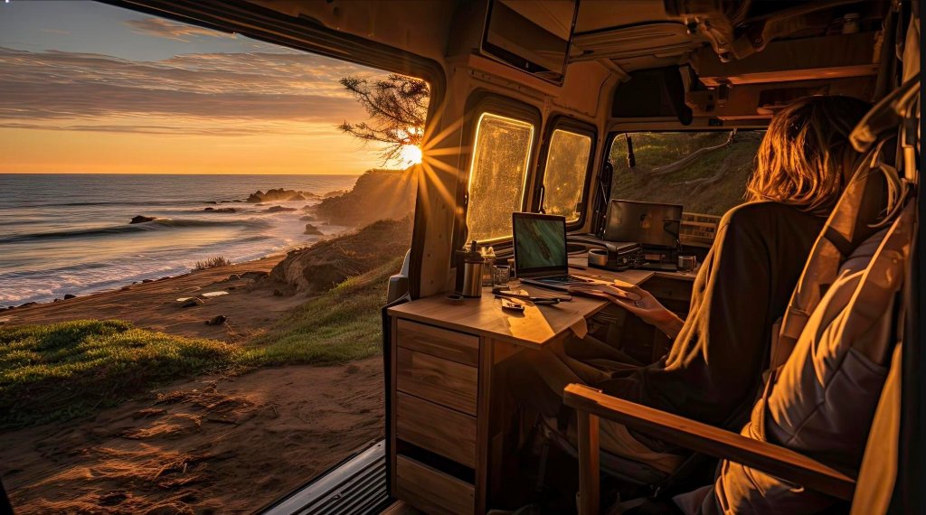 Converted campervan with modular interior parked at scenic overlook
