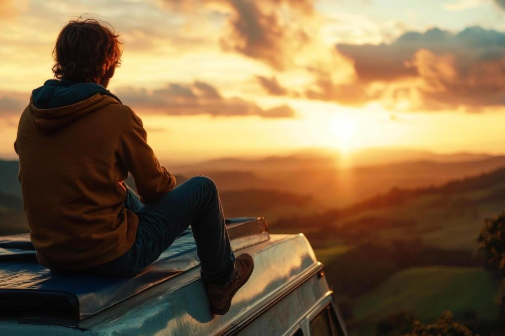 Person sitting on van roof watching sunset
