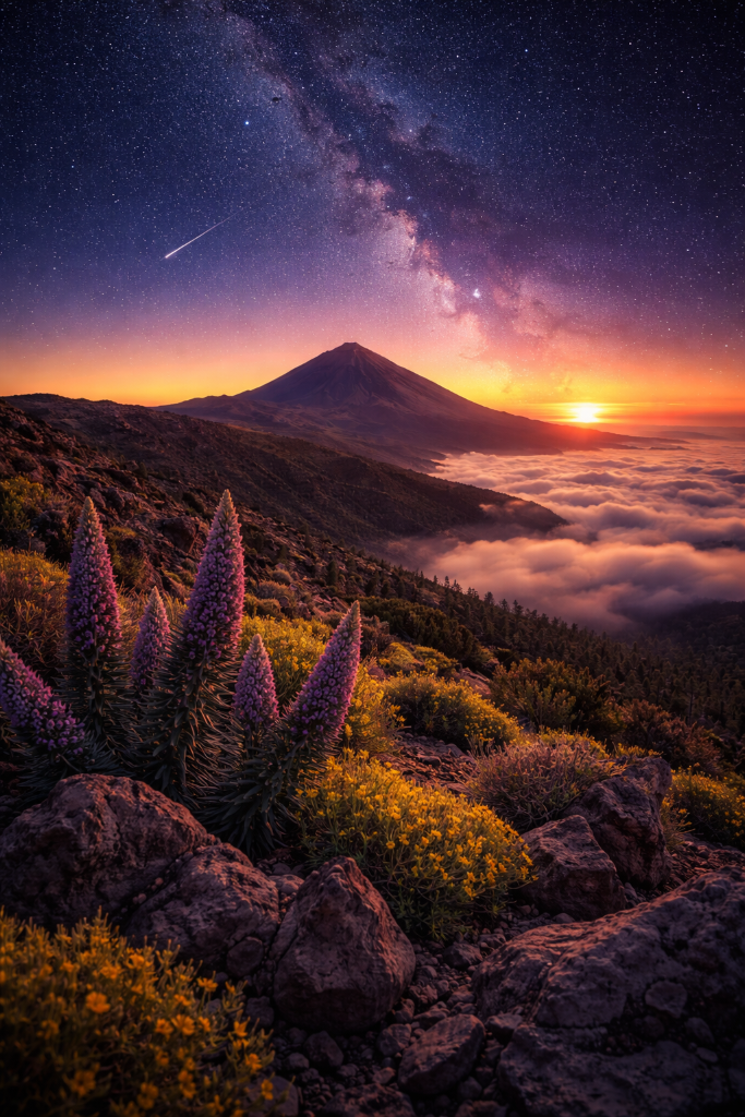 Atardecer y estrellas en el Teide
