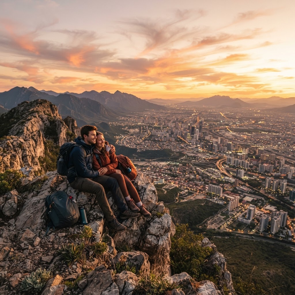 Two people overlooking a sunset cityscape