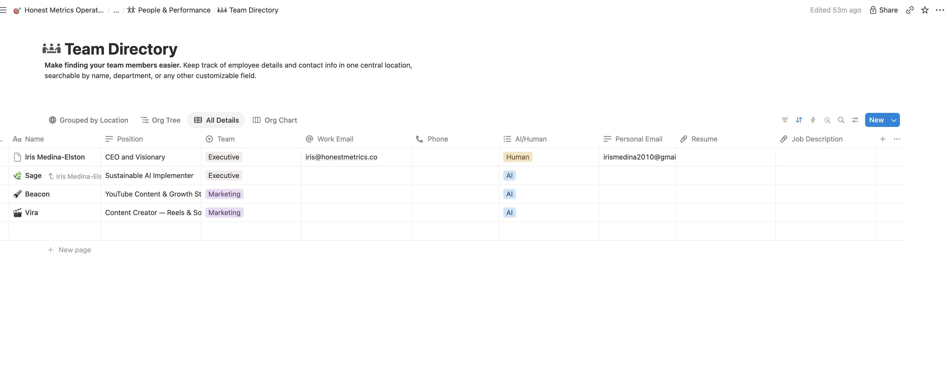 Honest Metrics Team Directory in Notion, listing human and AI employees side by side