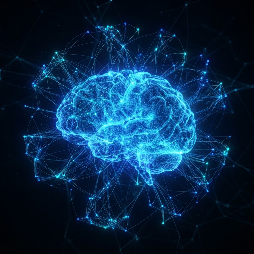 Rede neural abstrata em azul e ciano com nós luminosos interconectados sobre fundo preto, representando raciocínio avançado de inteligência artificial