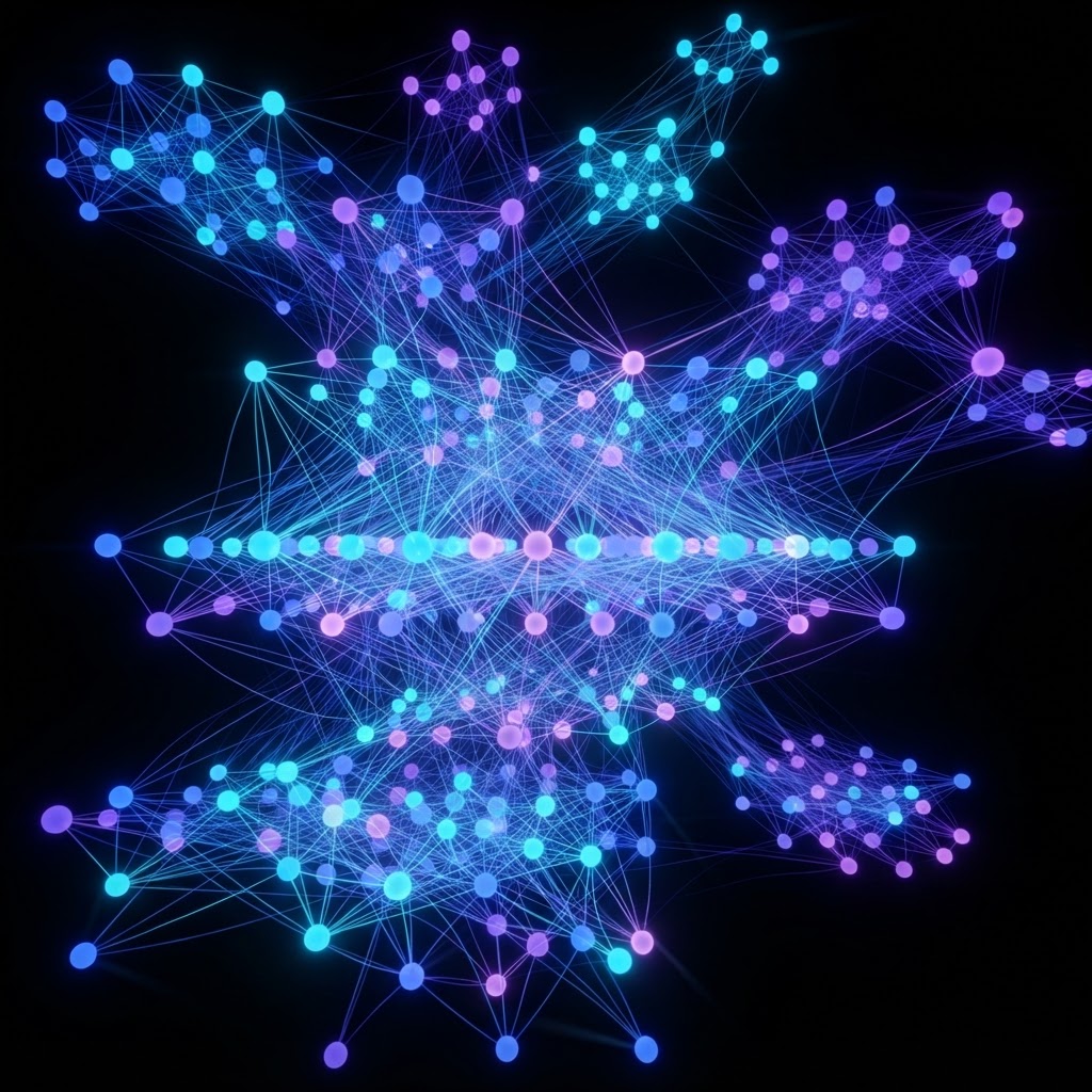 Rede neural multicamada em azul, ciano e violeta com nós interconectados sobre fundo preto, representando processamento multimodal de IA