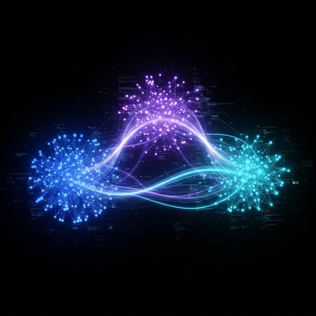 Comparação visual de três grupos de nós em azul, violeta e ciano conectados por pontes luminosas sobre fundo preto, representando ChatGPT vs Claude vs Gemini