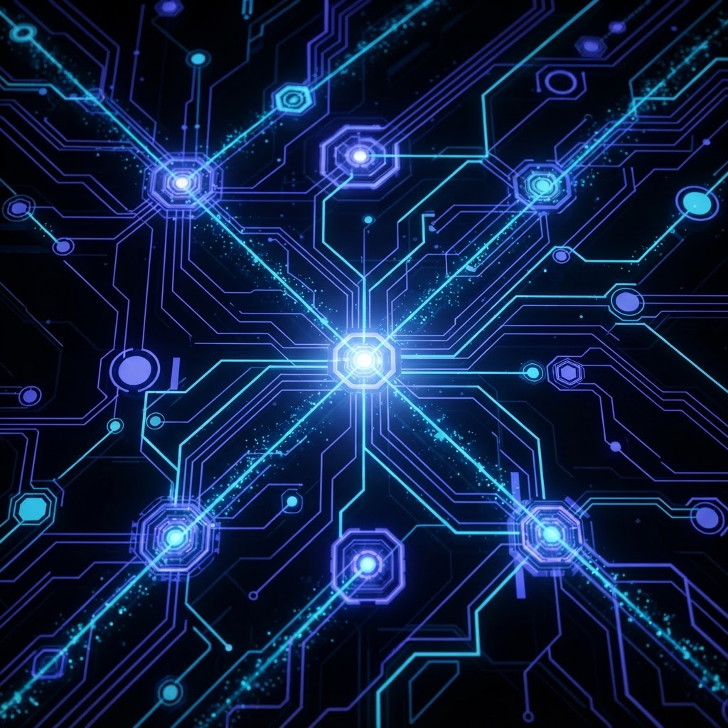 Circuito abstrato em índigo com fluxo de dados luminoso sobre fundo preto, representando automação de atendimento com IA