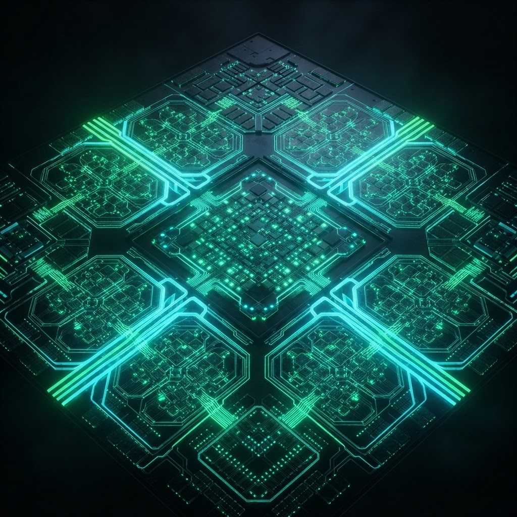 Circuito de chip abstrato em verde com trilhas luminosas sobre fundo preto, representando novos chips de IA da NVIDIA