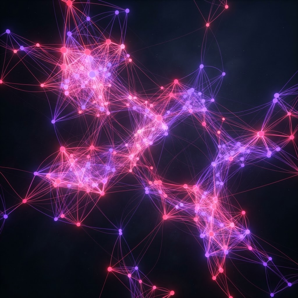 Rede social abstrata em rosa com nós conectados formando padrão orgânico sobre fundo preto, representando agente de IA autônomo