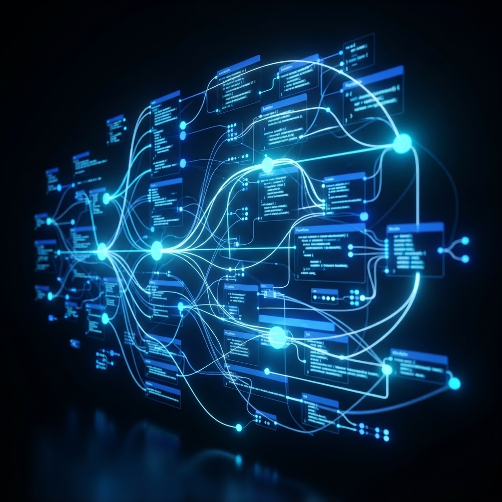 Editor de código abstrato em azul e ciano com linhas de código luminosas sobre fundo preto, representando desenvolvimento com IA no Cursor IDE