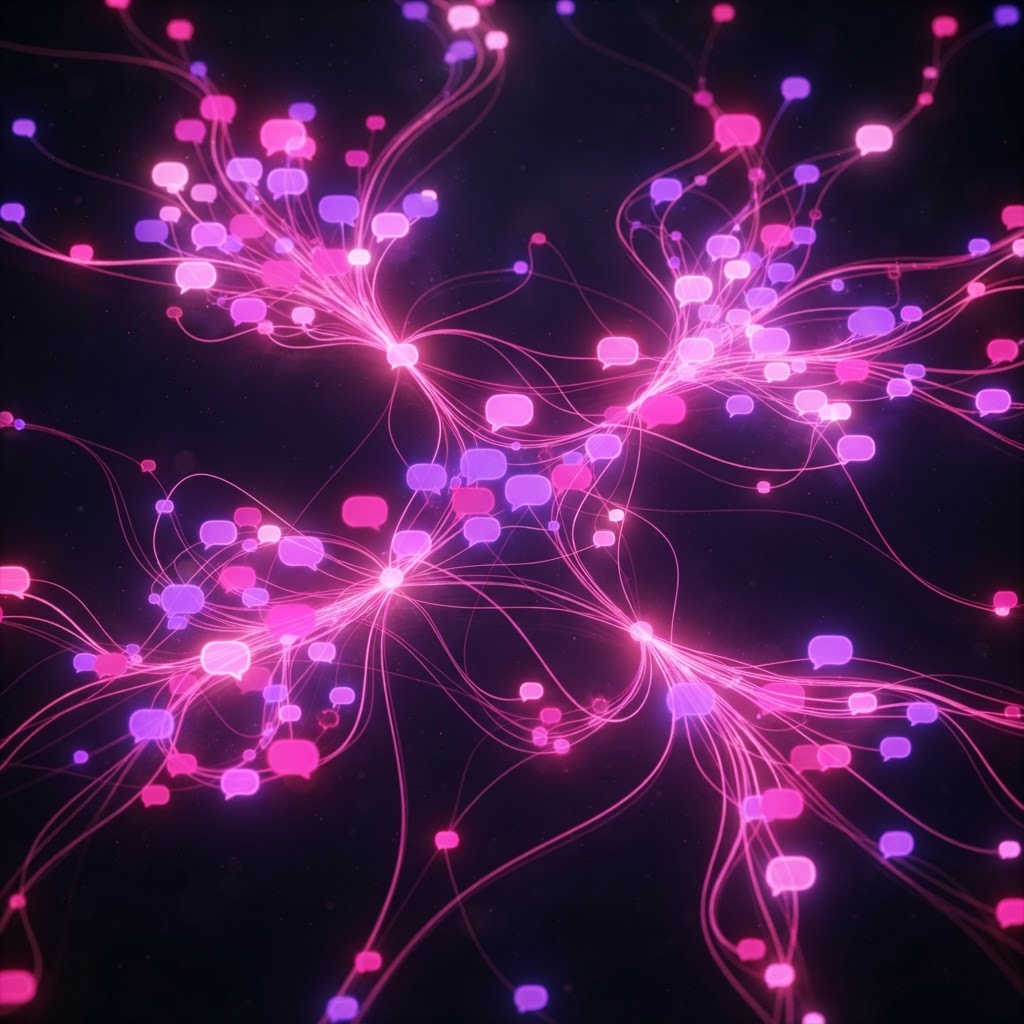 Bolhas de chat abstratas em rosa e magenta com nós luminosos sobre fundo preto, representando prompts de vendas com IA