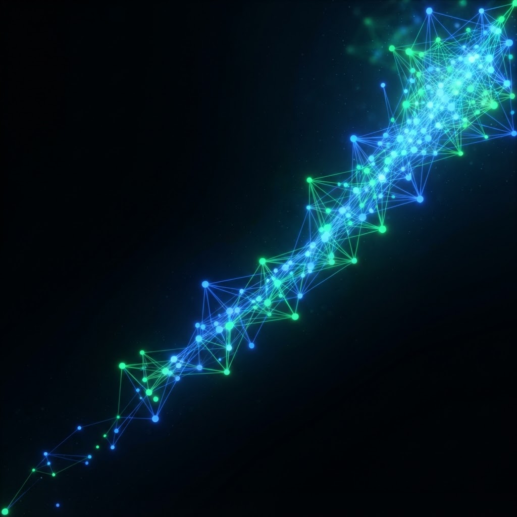 Tendência ascendente abstrata em azul e verde com gráfico de produtividade sobre fundo preto, representando pesquisa sobre IA generativa