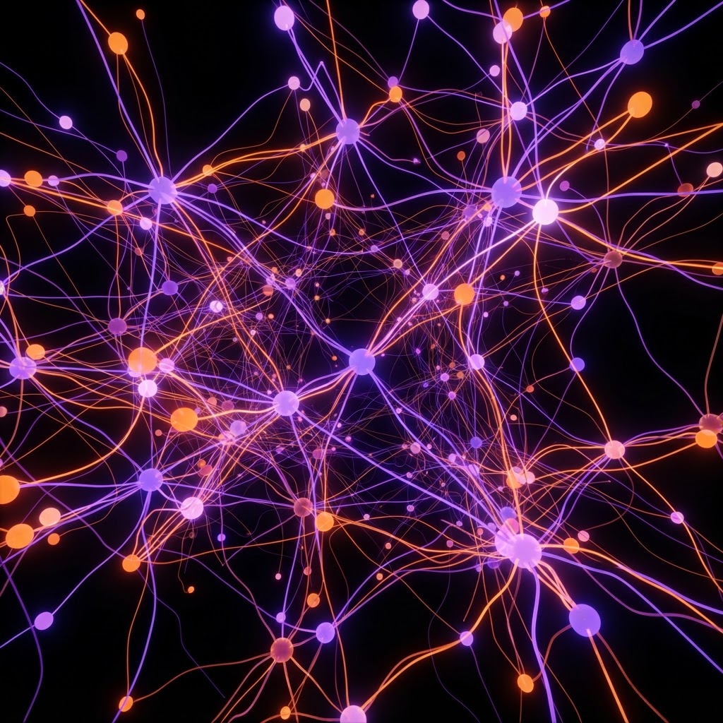 Rede neural abstrata em violeta e âmbar com nós luminosos sobre fundo preto, simbolizando IA segura e avançada da Anthropic