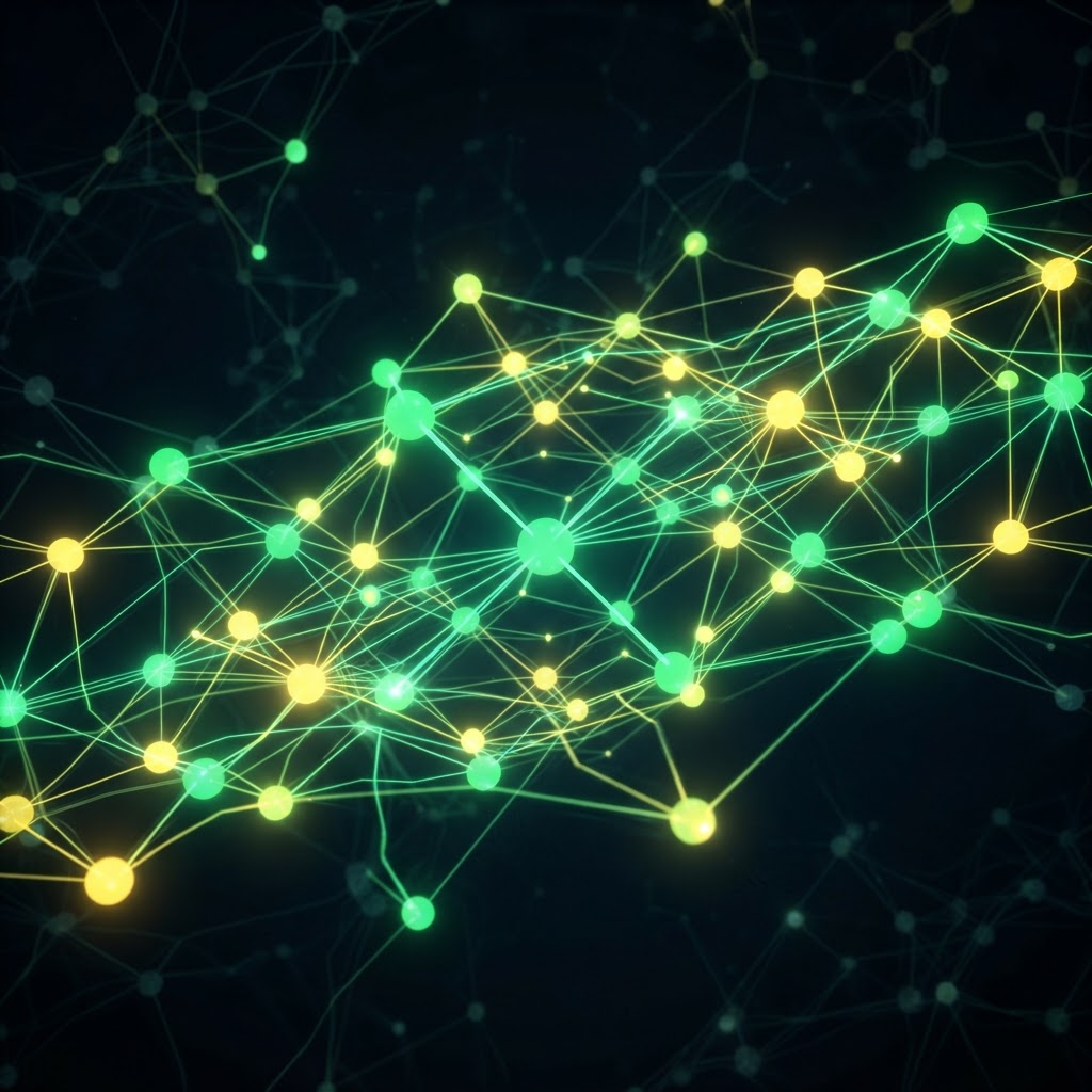 Estrutura abstrata em verde e amarelo com nós luminosos sobre fundo preto, representando marco legal da IA no Brasil