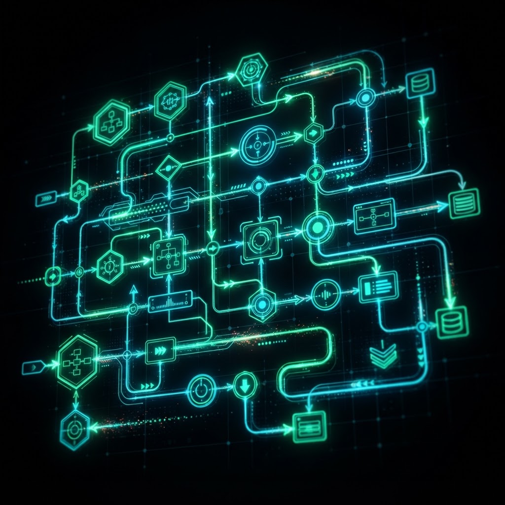 Fluxograma abstrato em esmeralda e azul com nós conectados sobre fundo preto, representando automação de chatbot com n8n