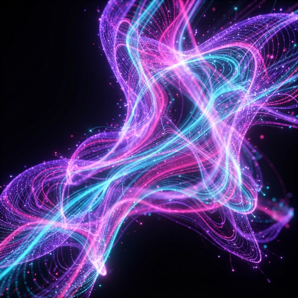 Malha de gradiente colorida em azul, violeta, ciano e âmbar com nós sobre fundo preto, representando controle de composição no Midjourney v7