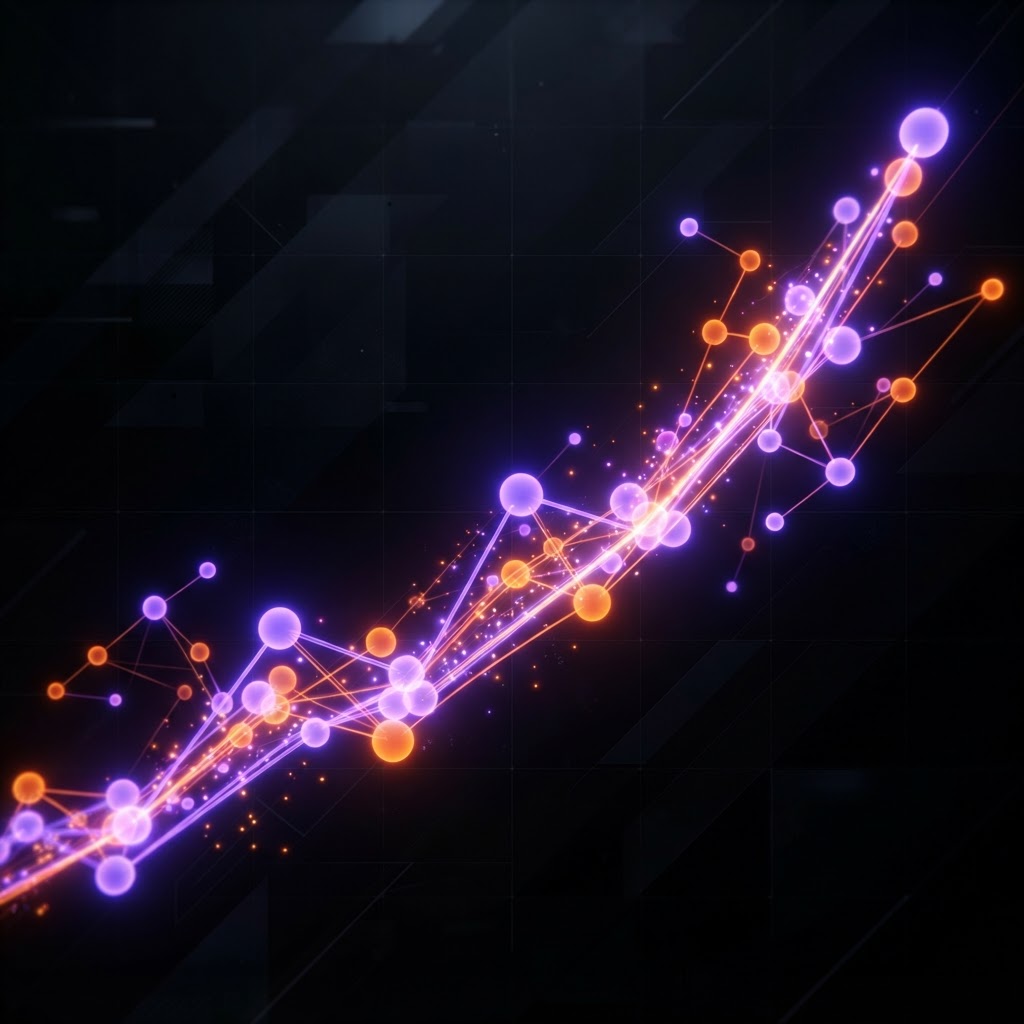 Visualização abstrata de crescimento financeiro em violeta e âmbar com nós formando gráfico ascendente sobre fundo preto