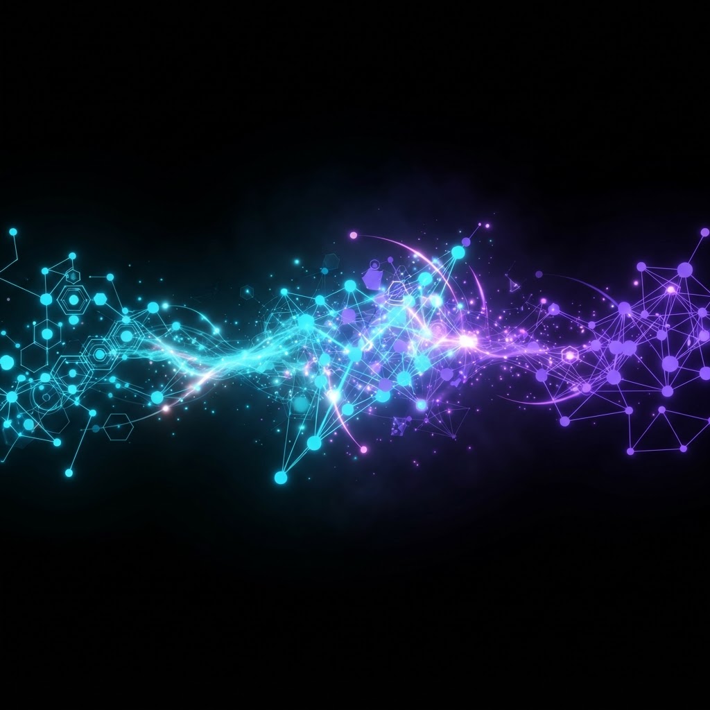 Edição interativa abstrata em ciano e violeta com formas em transformação sobre fundo preto, representando edição de imagens em tempo real no Midjourney v7
