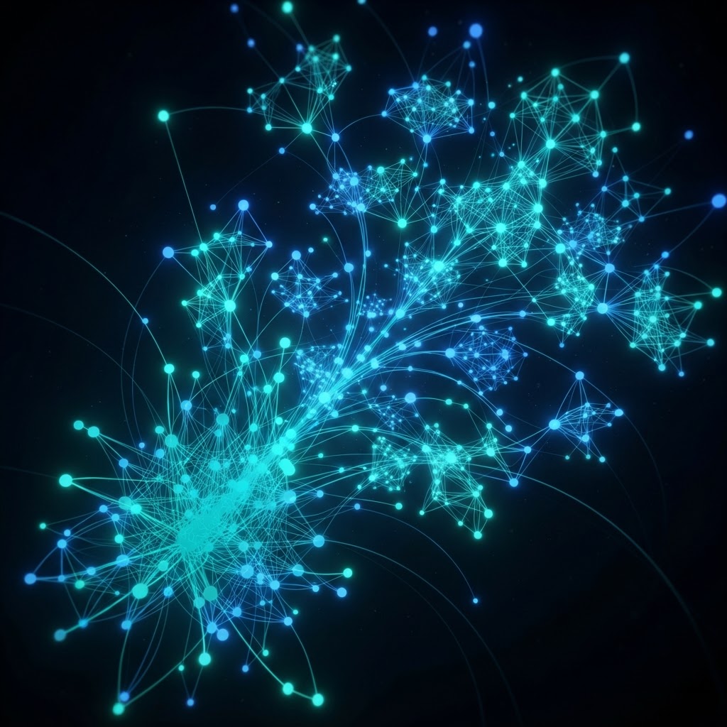 Crescimento de negócios abstrato em teal e azul com rede expansiva de nós sobre fundo preto, representando IA para pequenas empresas