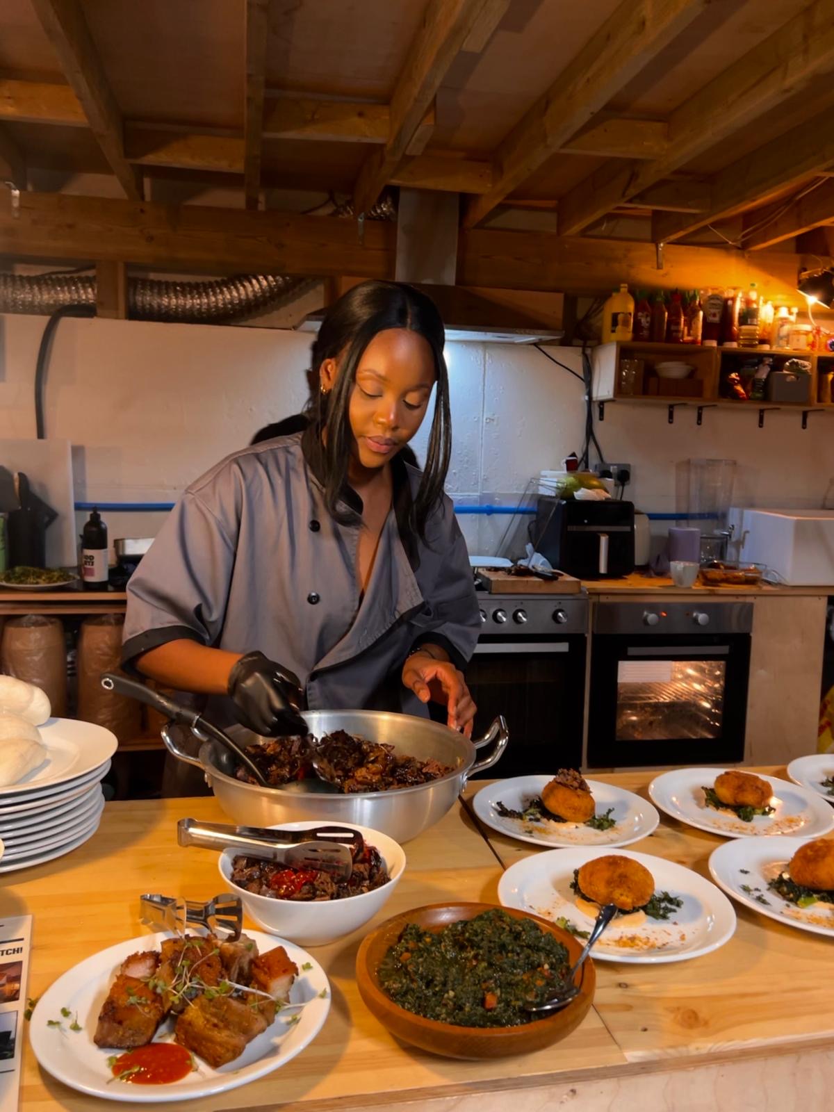 Chef Mona serving slow-braised beef short rib — muboora-style greens, pork belly and butternut rice cakes plated alongside