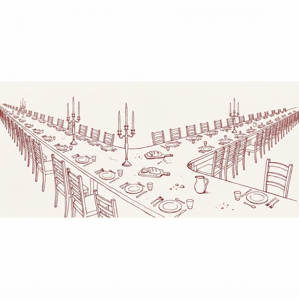 A long supper table laid for Grace, drawn by hand