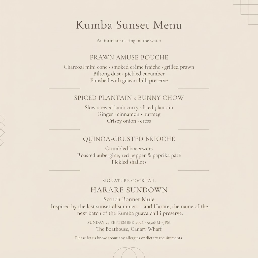 Kumba Sunset menu — prawn amuse-bouche, spiced plantain bunny chow, quinoa-crusted brioche, Harare Sundown cocktail